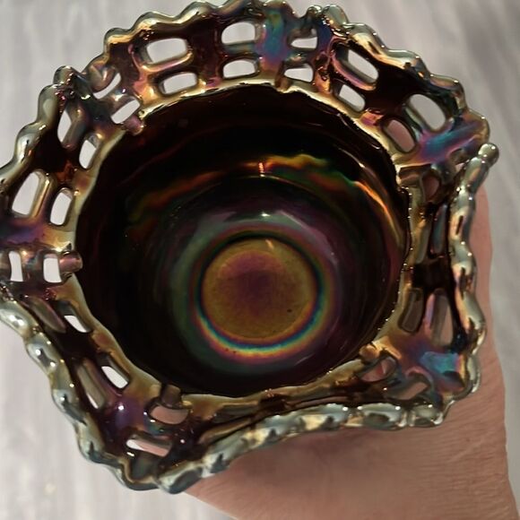 Fenton Iridescent Carnival Glass VTG Woven Basket Open work Rim Circa 1970-1985 - Picture 6 of 7